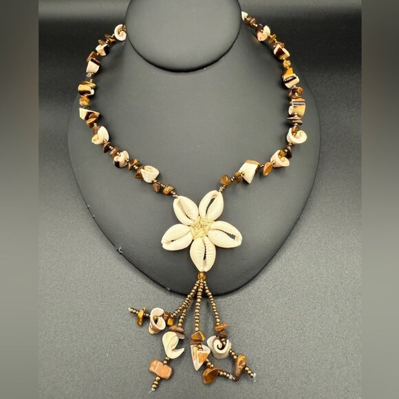 Mid Century Hawaiian Cowrie Shell Beaded Necklace with Floral Shell Design - Picture 1 of 16